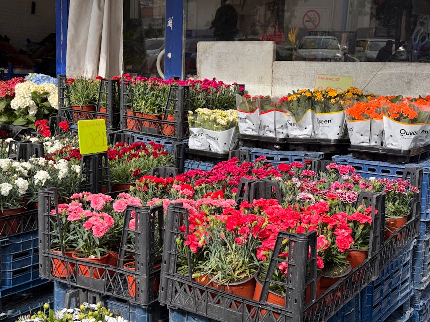 A display of assorted potted flowering plants arranged on black plastic crates outside a flower shop, featuring pink, red, white, orange, and yellow blooms with lush green foliage. The plants are wrap