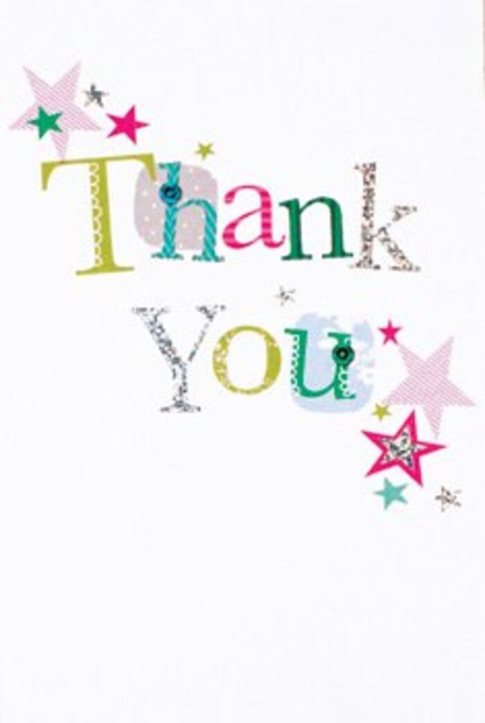 With a composition that's airy yet rich in expressive detail, this thank you card feels like a refined note of gratitude crafted for Shadwell's cosmopolitan heart. The phrase 'Thank You' is spelled out in stylised letters that blend whimsy with sophistication-some letters swirl with playful spots or curves, while others glide in silver or turquoise, evoking the unique blend of old and new seen along Shadwell's historic streets. Clusters of starbursts in sparkling pink, creamy teal, and shimmering silver float serenely around the message, their placement as intentional as a florist's touch when arranging for an East London occasion. The crisp white background allows every flourish and hue to stand distinct, bathing the design in a gentle glow. This is the sort of card that would pair effortlessly with a fresh bouquet from a local florist, offering a warm thank you at family milestones, or expressing kindness at moments of joy by the river. Its timeless style and understated artistry mirror the quiet warmth of Shadwell's community, celebrating gratitude with both flair and sincerity.