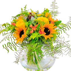 The spirit of Shadwell pulses through this exuberant bouquet, where flower artistry and local colour unite in a vivid display. Towering sunflowers form the heart of the arrangement, their expansive golden petals and textured brown centres reminiscent of sunlight glancing off the Thames at waterside parks. They're joined by elegant golden yellow garden roses, their tightly wrapped petals unfurling in sophisticated whorls, giving depth and an ageless, romantic touch. Crimson Hypericum berries sparkle amid the blossoms, vibrant against the lush tapestry of mixed foliage, like treasured finds in vibrant Watney Market stalls. Feathery fern fronds cascade gently, blending with sprigs of yellow goldenrod and wisps of light green foliage that whisper of Shadwell's landscaped gardens. Cool, blue-tinted eucalyptus leaves peek from between the flowers, infusing modern texture and understated fragrance. The bouquet is carefully poised within a clear, spherical glass vase, its water gleaming and stems elegantly displayed, creating a clean, contemporary finish. Whether serving as a radiant centrepiece for a riverside dinner, an uplifting gift for someone dear, or a cheerful accent in a Shadwell home, this arrangement captures the season's natural beauty and the local florist's dedication to charm and craftsmanship.